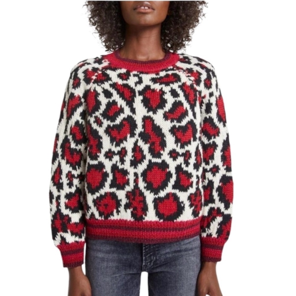 MOTHER The Boat Square Leopard Print Sweater Size Small Red Baby Alpaca Blend
